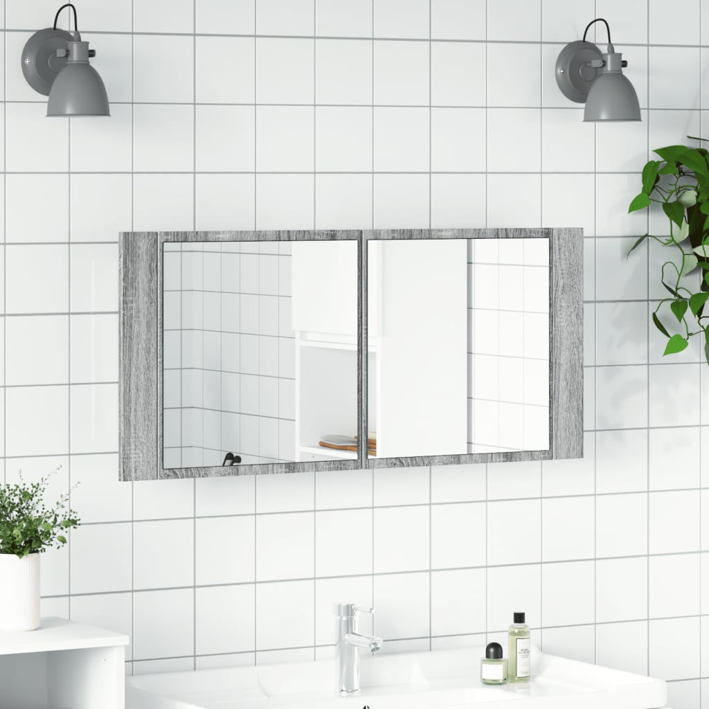 szürke sonoma LED-es tükrös fürdőszobaszekrény 100 x 12 x 45 cm