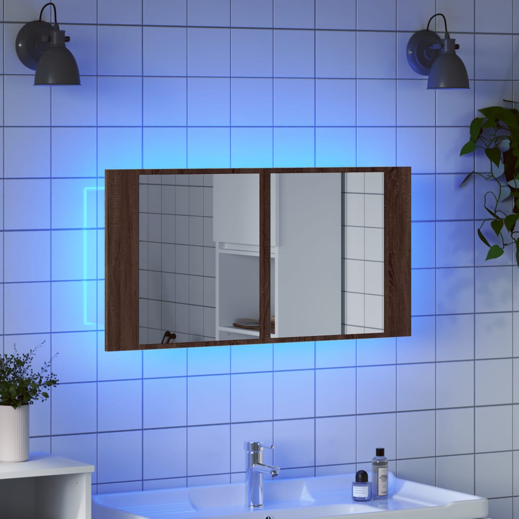 barna tölgy akril LED-es tükrös fürdőszobaszekrény 90x12x45 cm
