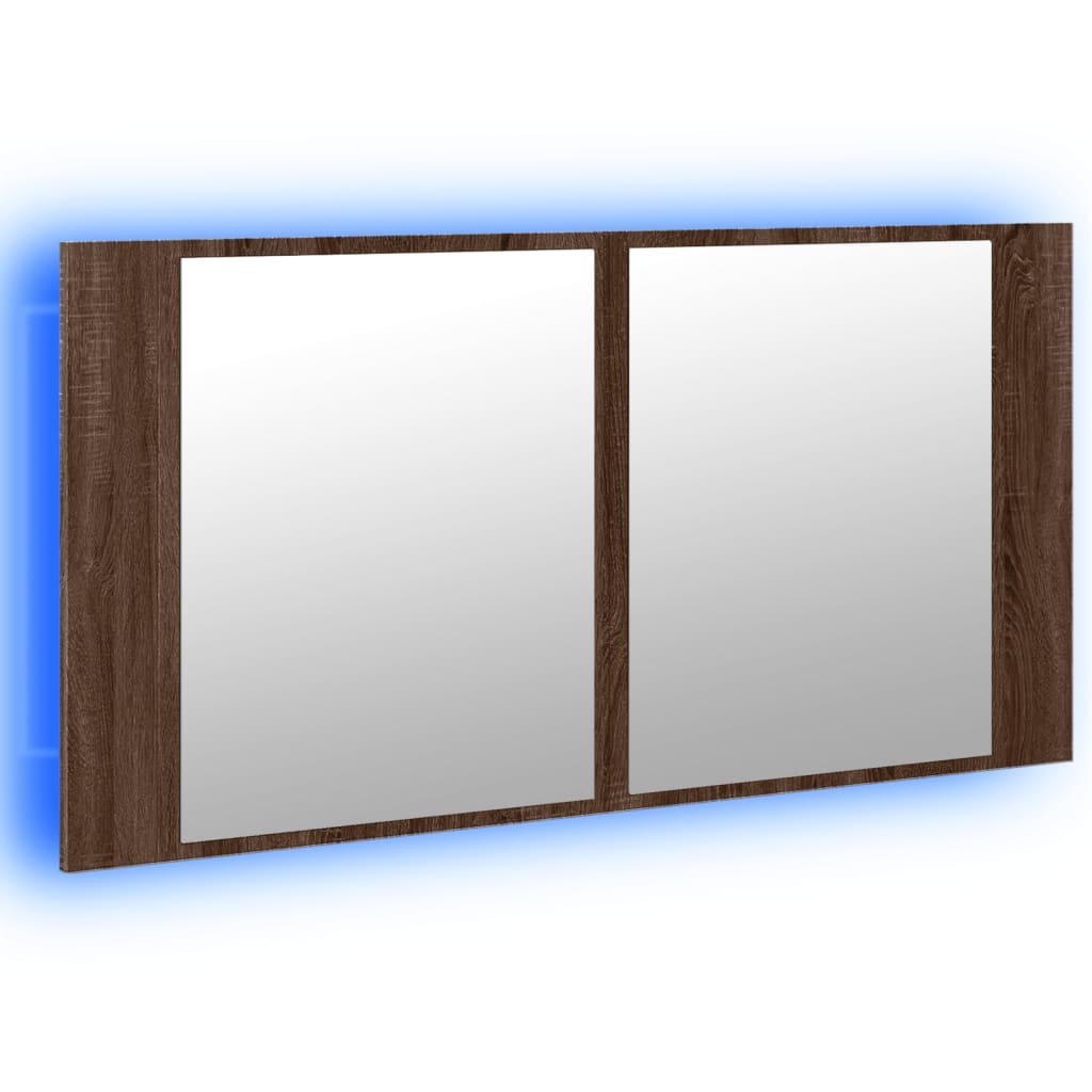barna tölgy akril LED-es tükrös fürdőszobaszekrény 90x12x45 cm
