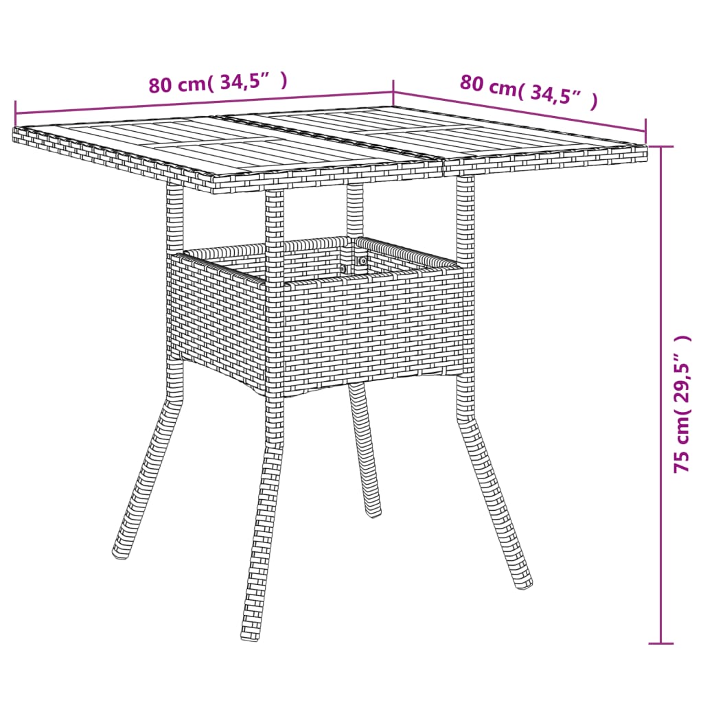 fekete polyrattan kerti asztal akácfa lappal 80 x 80 x 75 cm