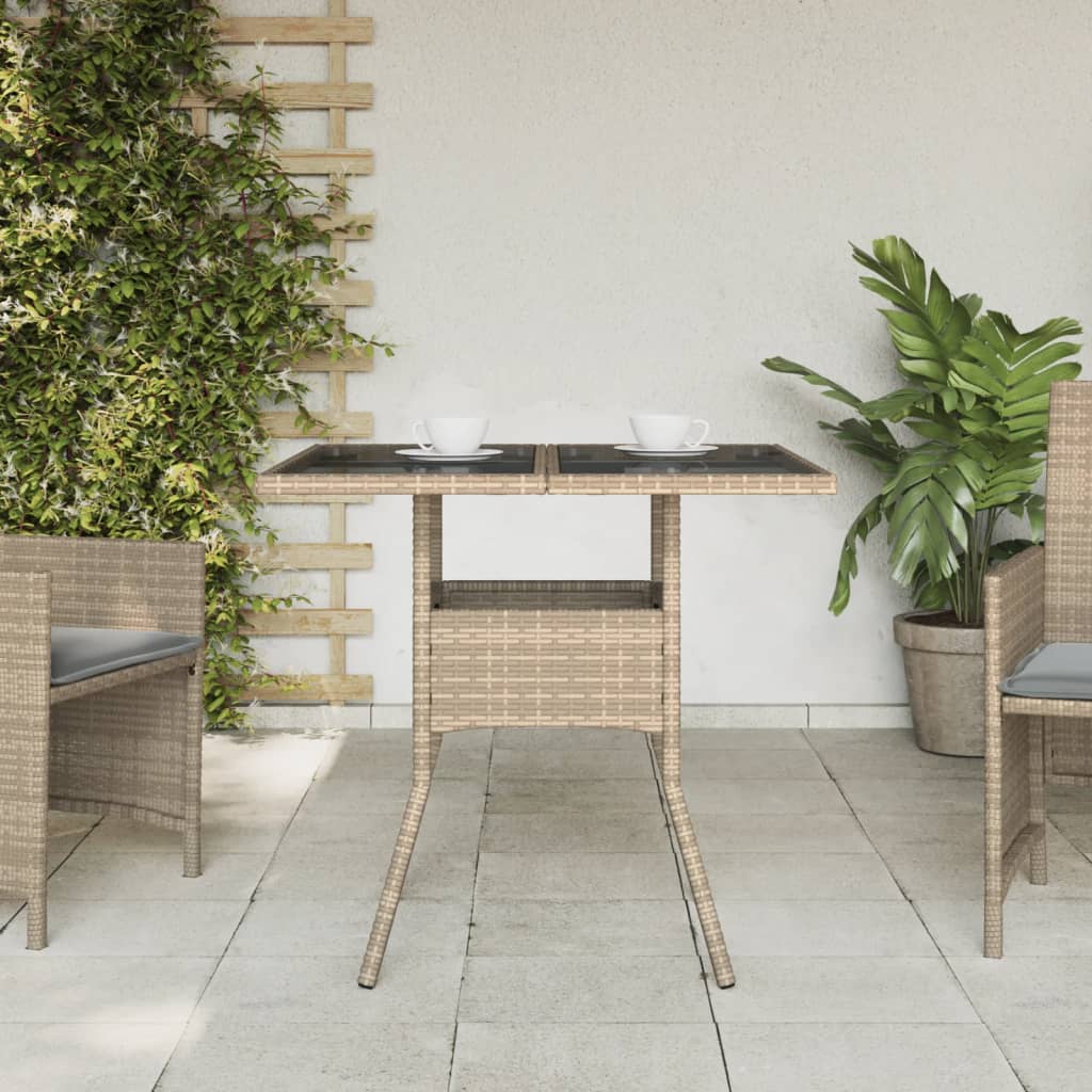 bézs polyrattan üveglapos kerti asztal 80 x 80 x 75 cm