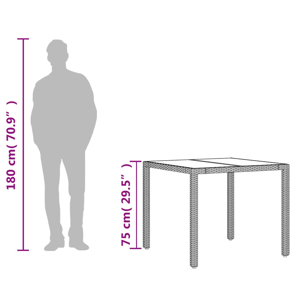 fekete polyrattan üveglapos kerti asztal 90 x 90 x 75 cm