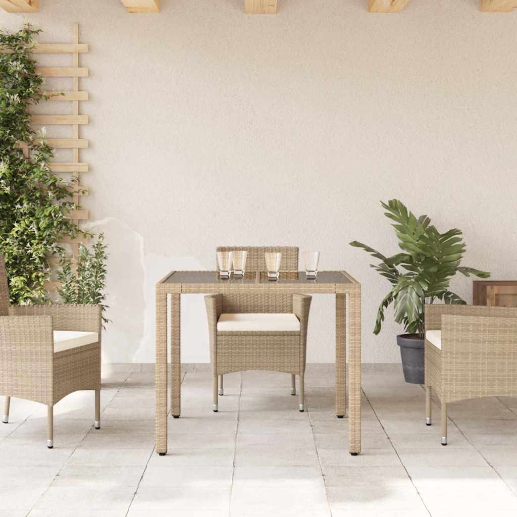 bézs polyrattan üveglapos kerti asztal 90 x 90 x 75 cm