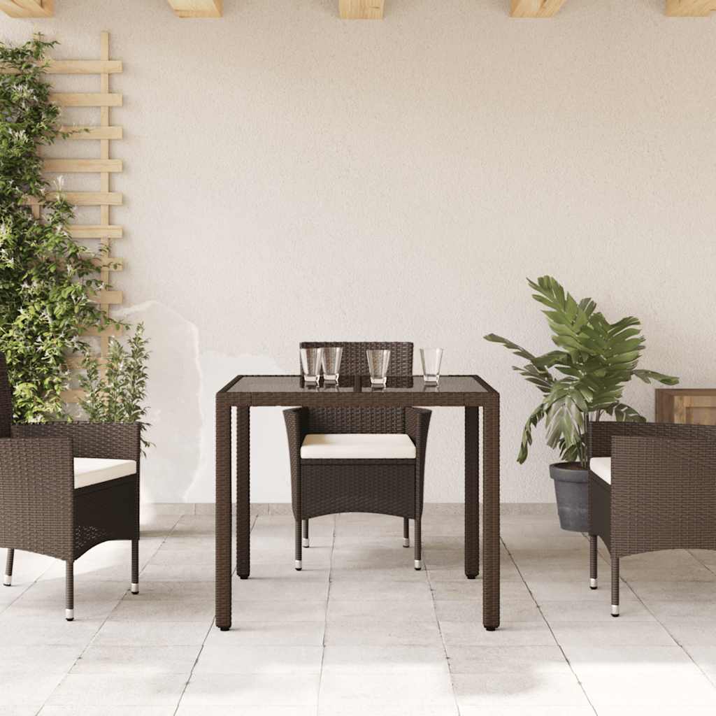 barna polyrattan üveglapos kerti asztal 90 x 90 x 75 cm