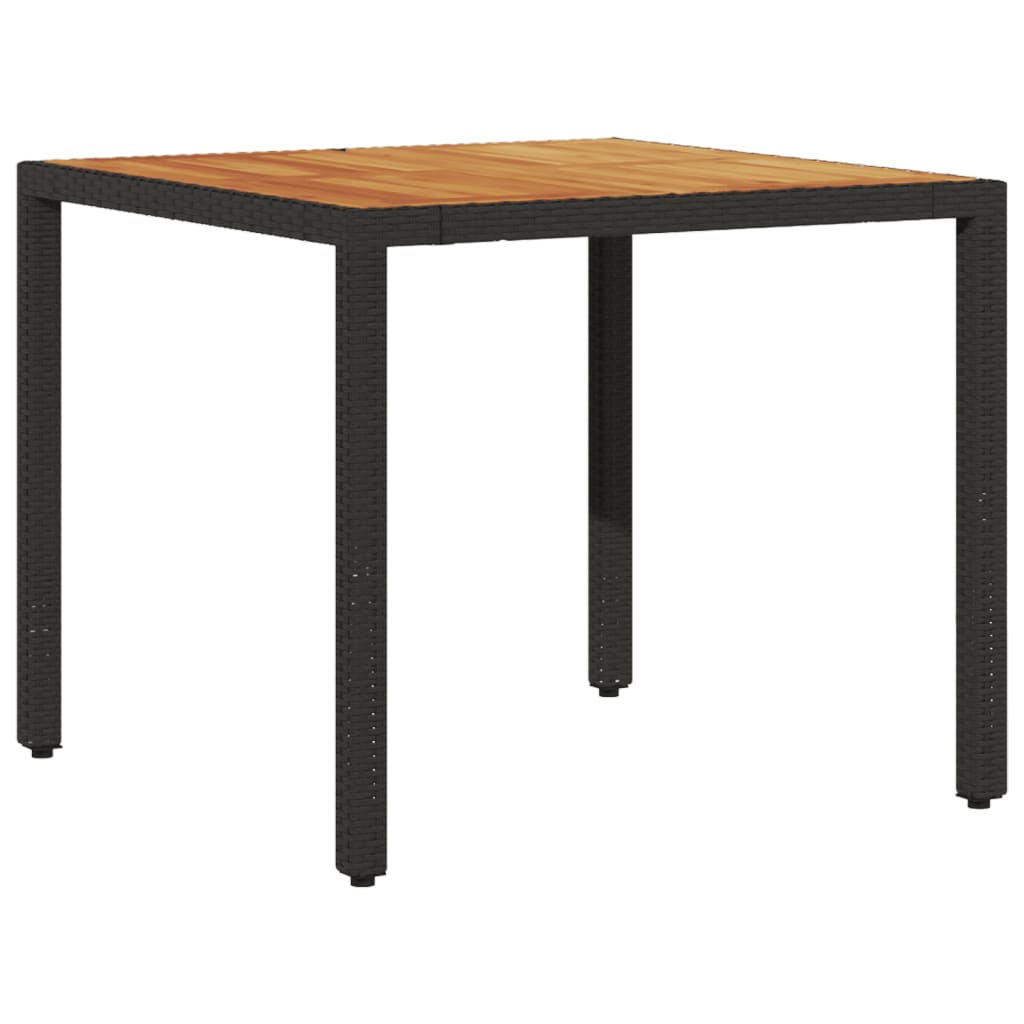 fekete polyrattan kerti asztal akácfa lappal 90 x 90 x 75 cm