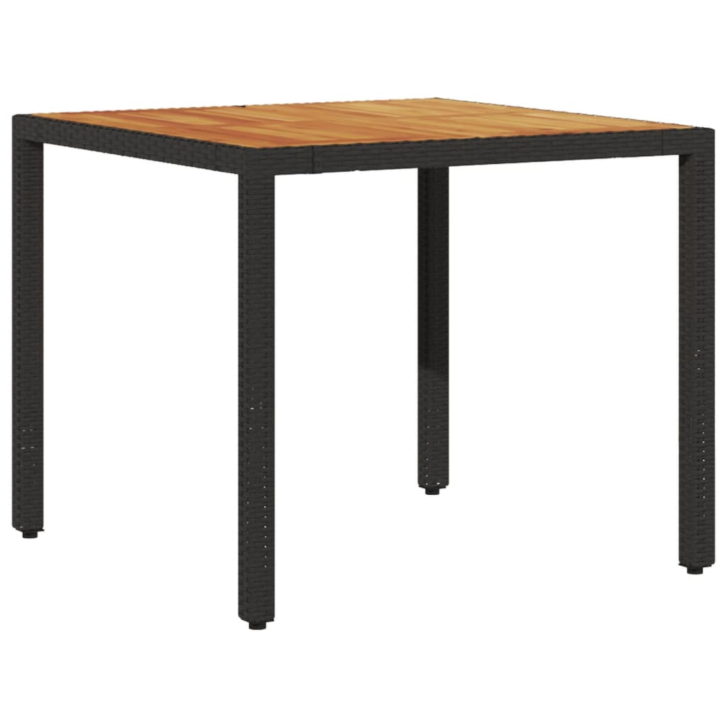 fekete polyrattan kerti asztal akácfa lappal 90 x 90 x 75 cm