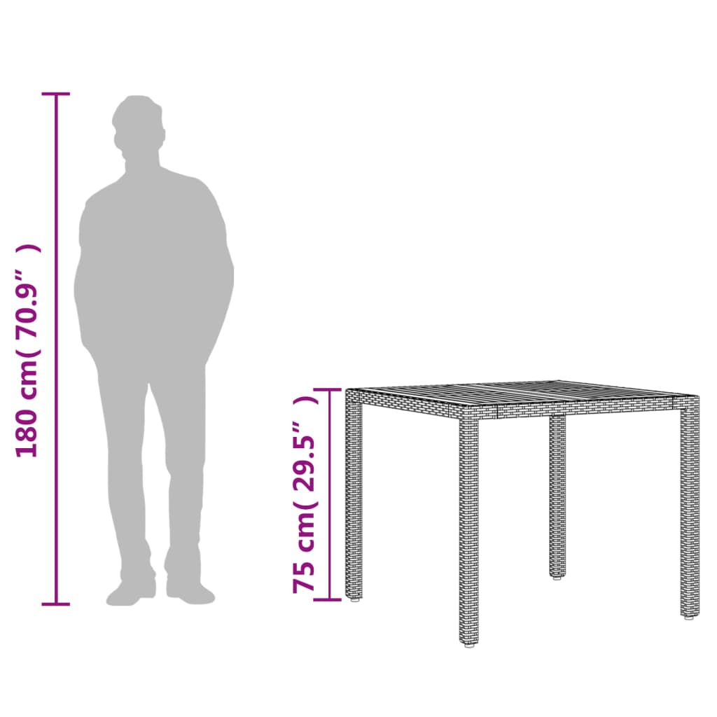 fekete polyrattan kerti asztal akácfa lappal 90 x 90 x 75 cm
