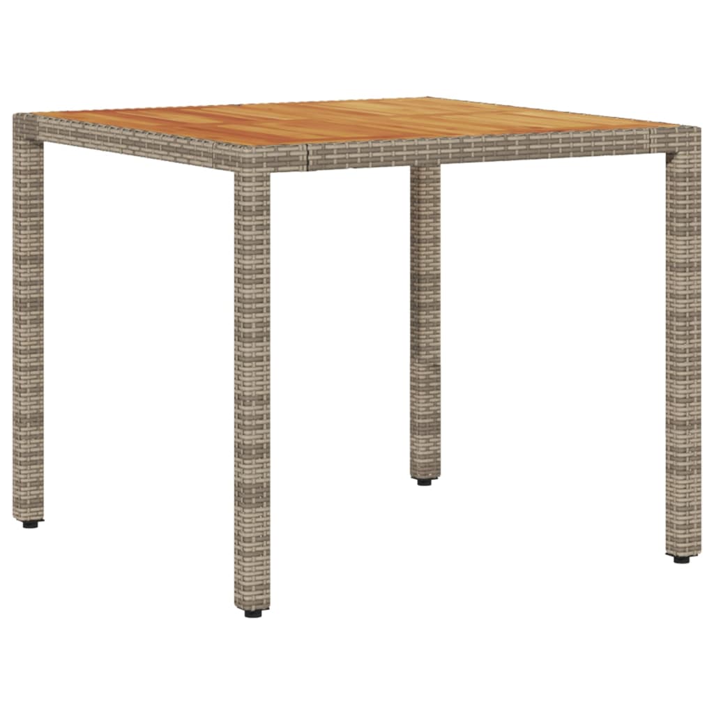 szürke polyrattan kerti asztal akácfa lappal 90 x 90 x 75 cm