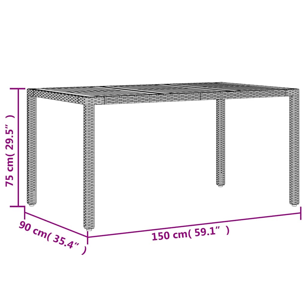 fekete polyrattan kerti asztal akácfa lappal 150 x 90 x 75 cm