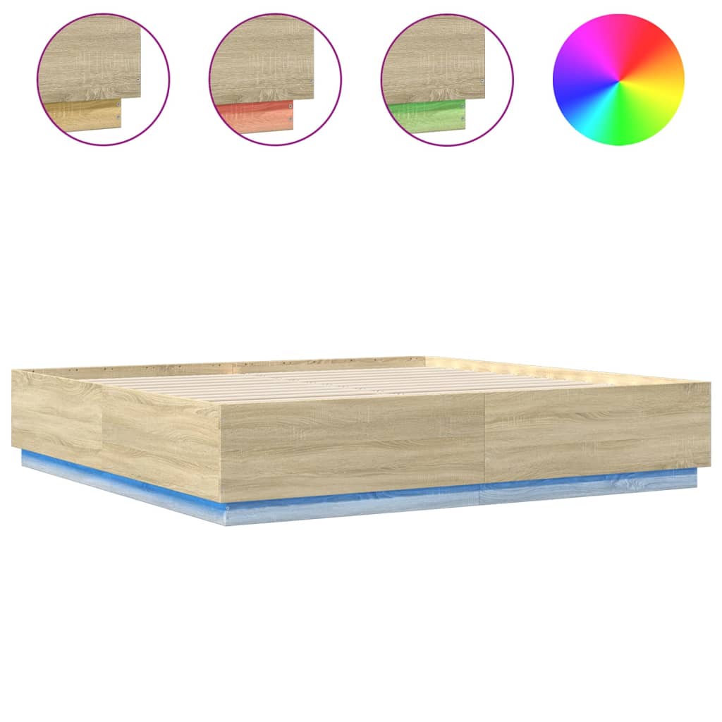 sonoma tölgy színű szerelt fa ágykeret LED-del 200 x 200 cm