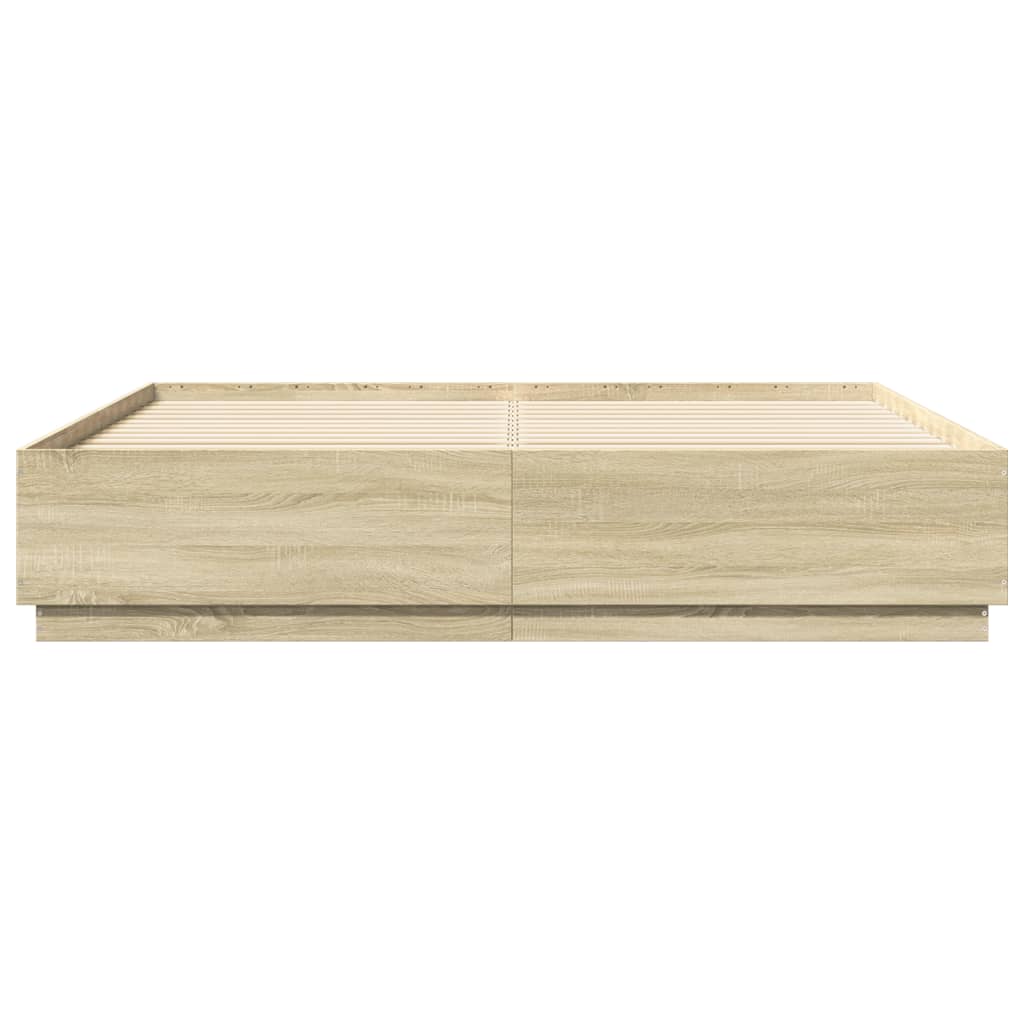 sonoma tölgy színű szerelt fa ágykeret LED-del 200 x 200 cm