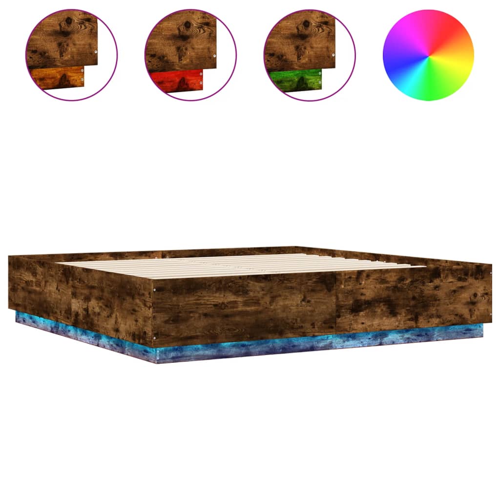 füstös tölgy színű szerelt fa ágykeret LED-del 200 x 200 cm