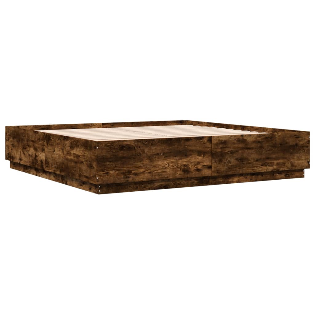 füstös tölgy színű szerelt fa ágykeret LED-del 200 x 200 cm