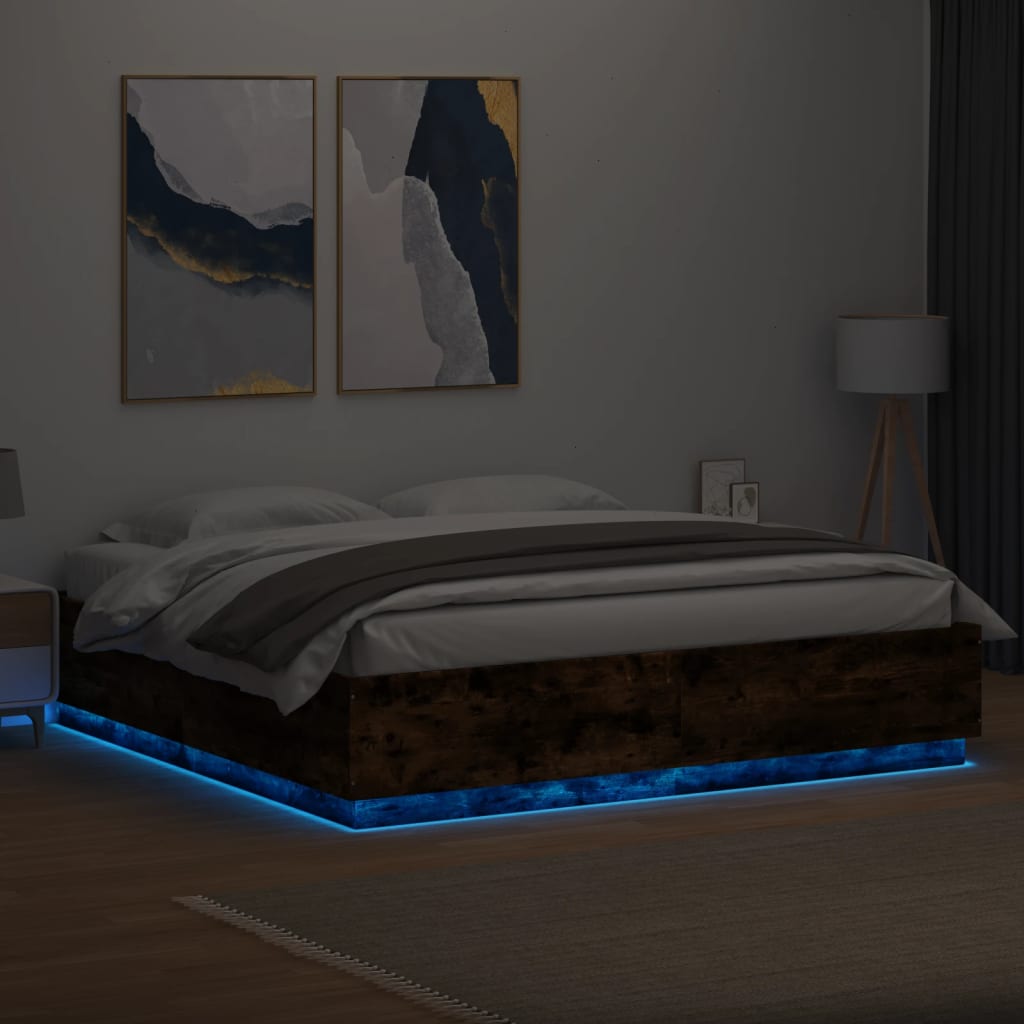 füstös tölgy színű szerelt fa ágykeret LED-del 200 x 200 cm