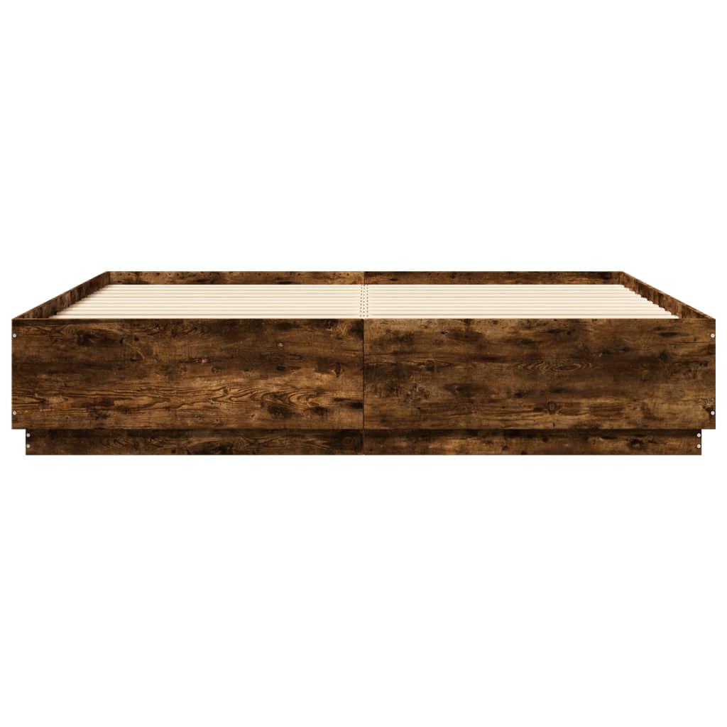 füstös tölgy színű szerelt fa ágykeret LED-del 200 x 200 cm