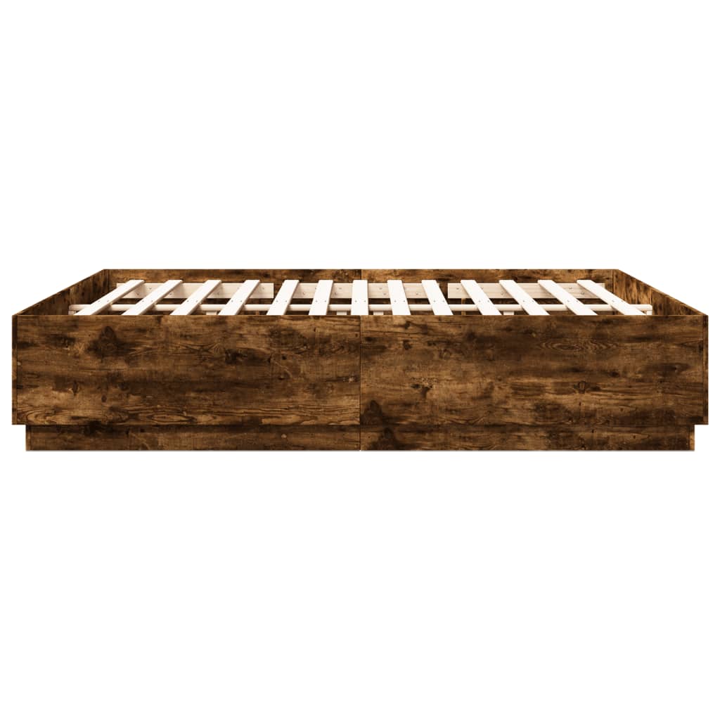füstös tölgy színű szerelt fa ágykeret LED-del 200 x 200 cm
