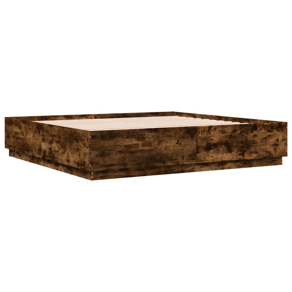 füstös tölgy színű szerelt fa ágykeret LED-del 200 x 200 cm