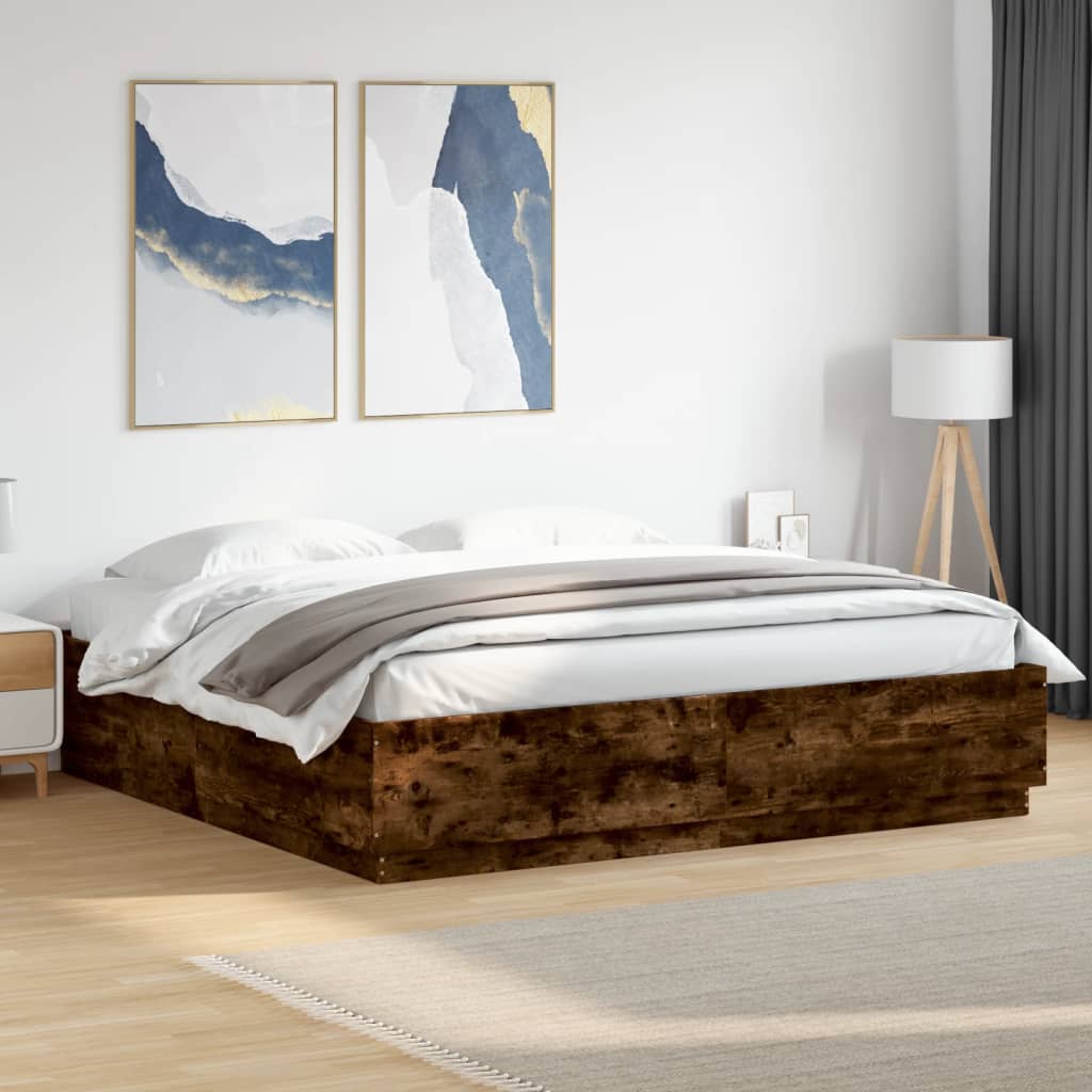 füstös tölgy színű szerelt fa ágykeret LED-del 200 x 200 cm
