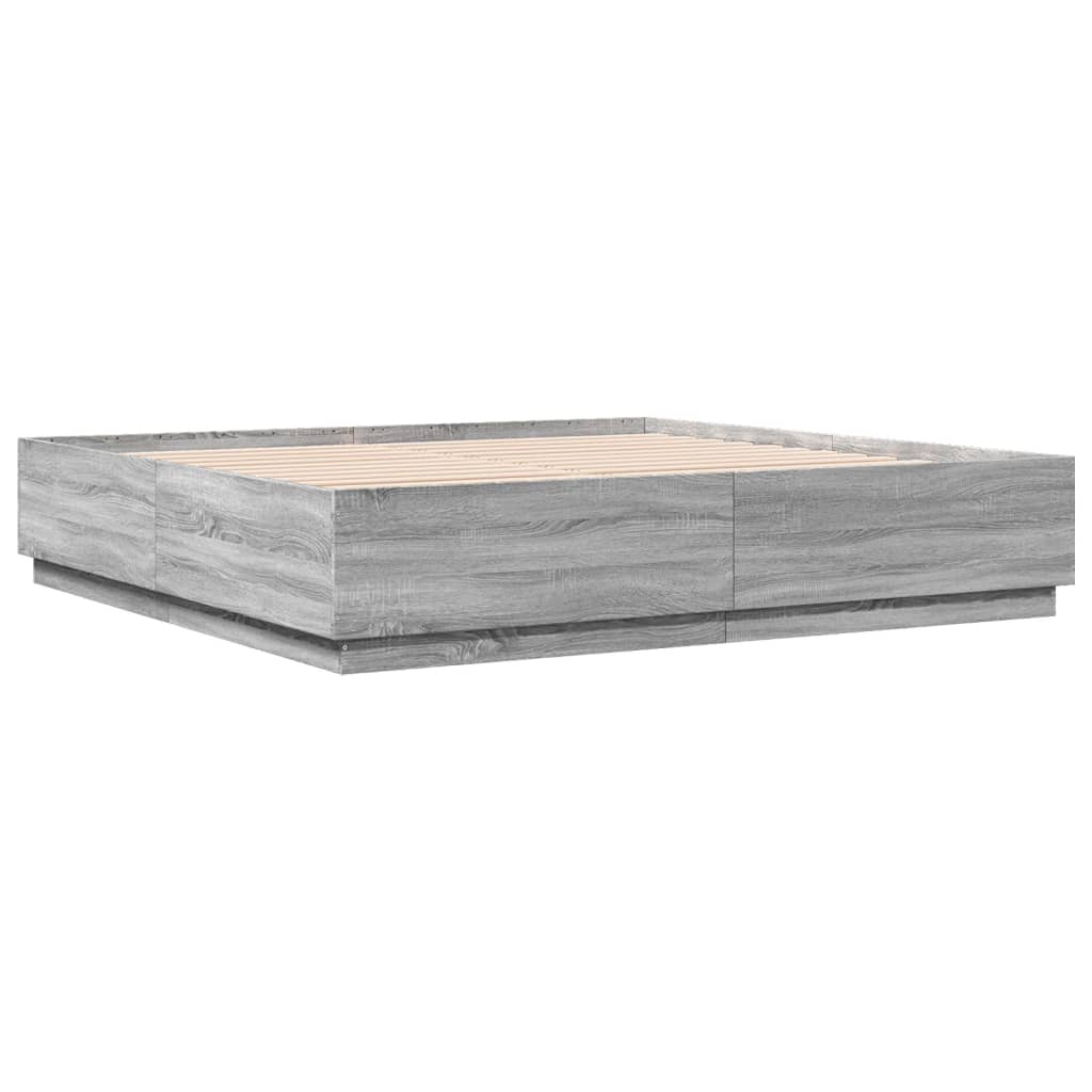 szürke sonoma színű szerelt fa ágykeret LED-del 200x200 cm