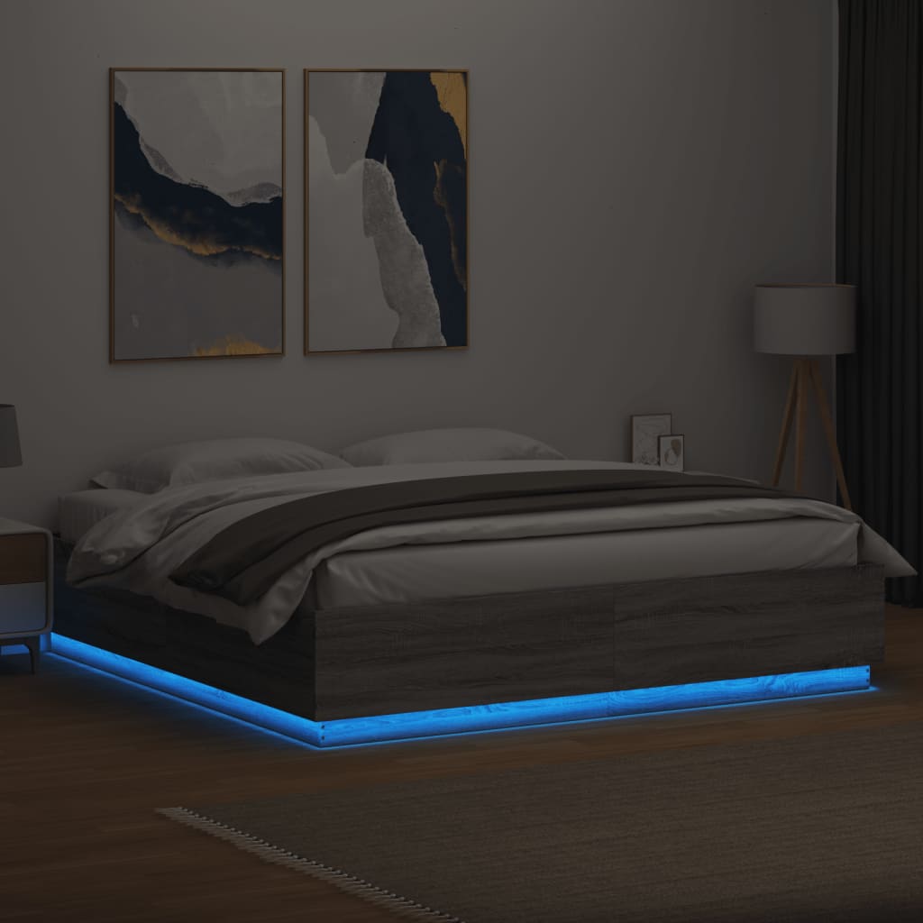 szürke sonoma színű szerelt fa ágykeret LED-del 200x200 cm