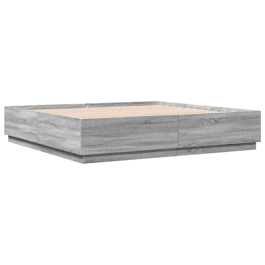 szürke sonoma színű szerelt fa ágykeret LED-del 200x200 cm