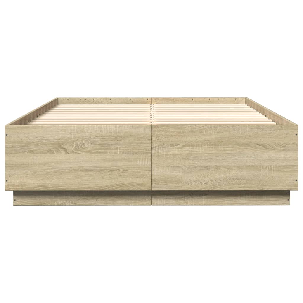 sonoma tölgy színű szerelt fa ágykeret LED-del 160 x 200 cm
