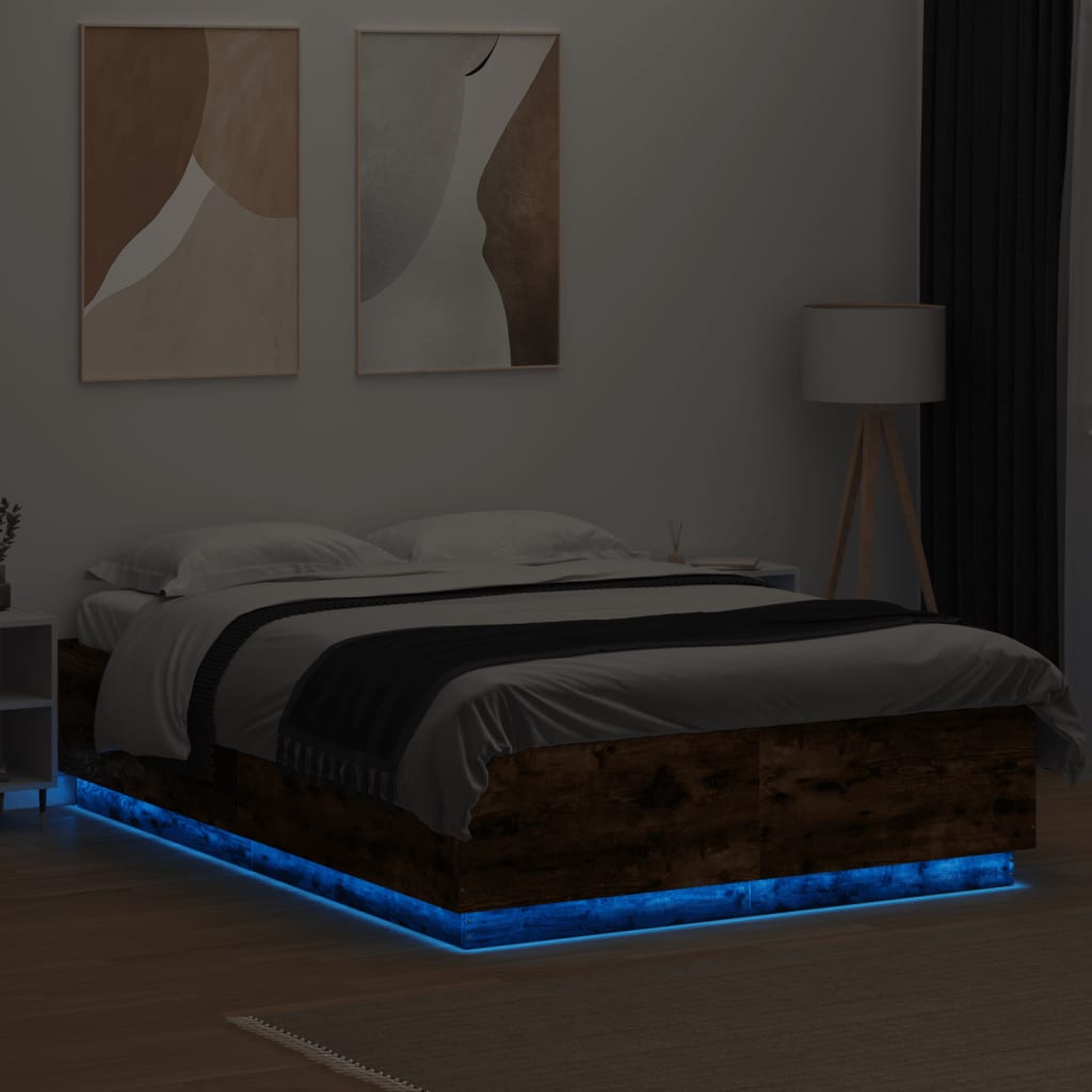 füstös tölgy színű szerelt fa ágykeret LED-del 150x200 cm