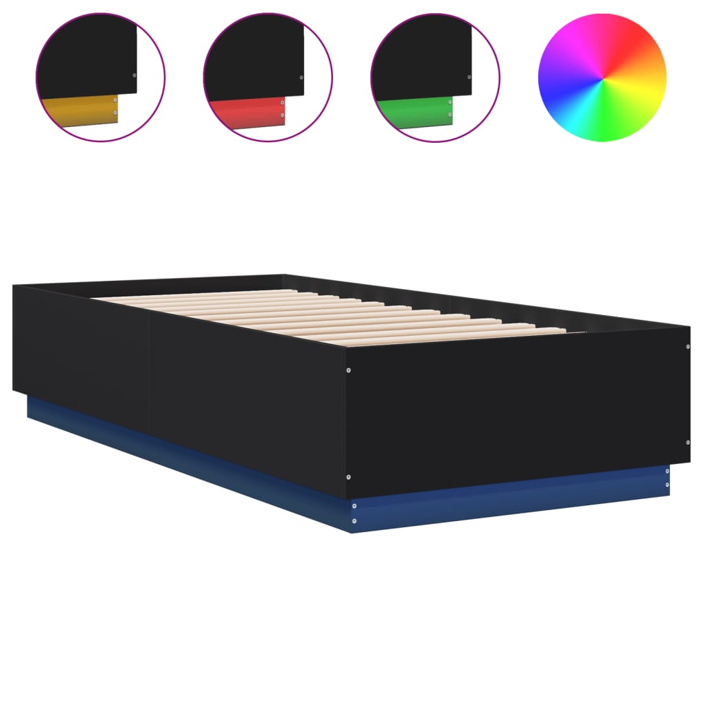 fekete szerelt fa ágykeret LED-világítással 100 x 200 cm