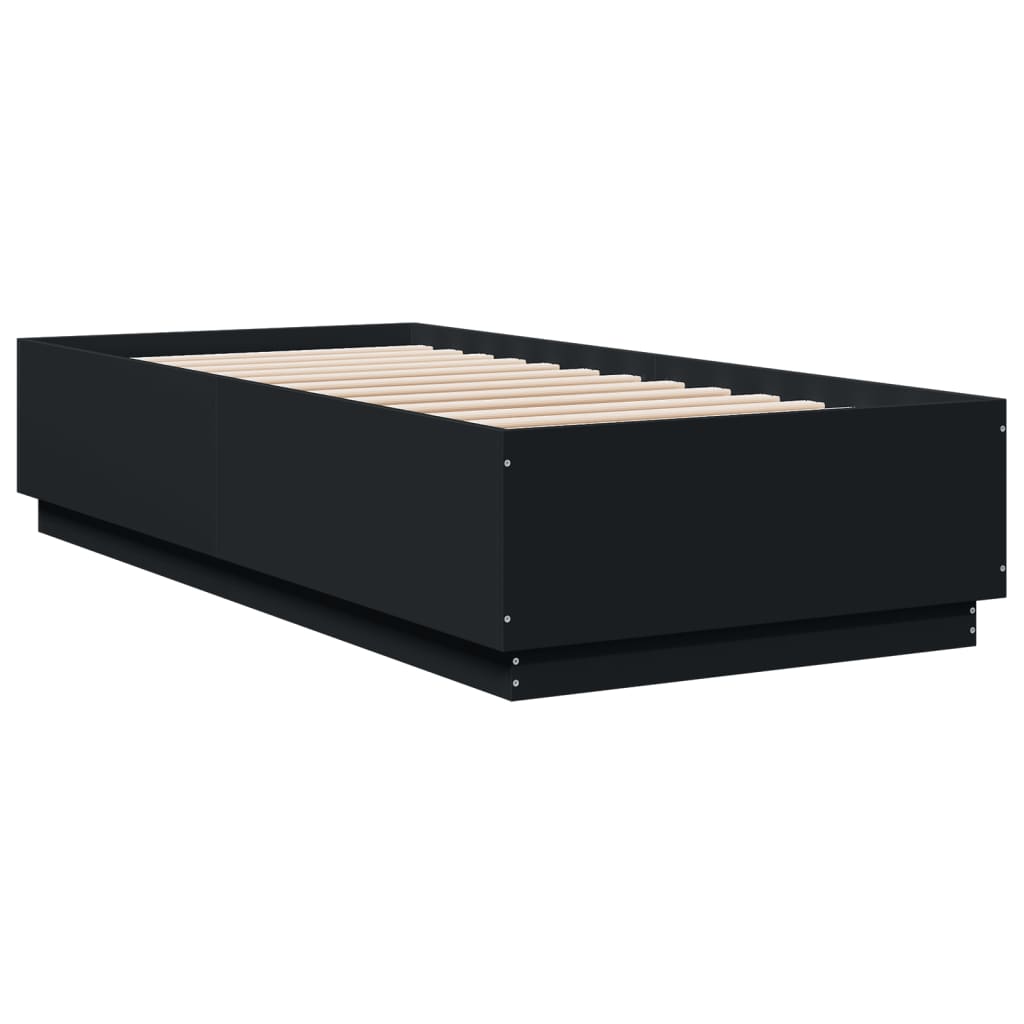fekete szerelt fa ágykeret LED-világítással 100 x 200 cm