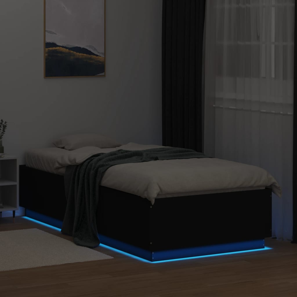 fekete szerelt fa ágykeret LED-világítással 100 x 200 cm