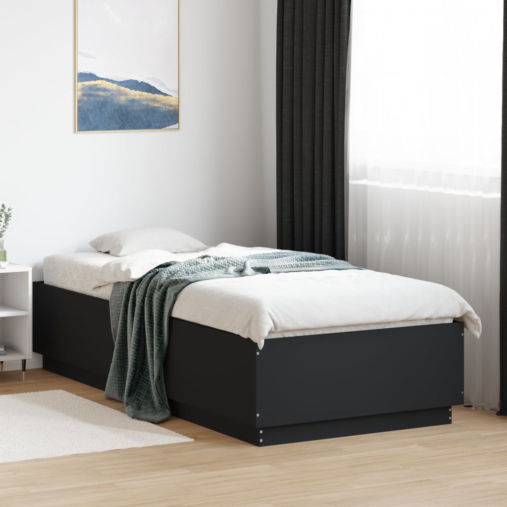 fekete szerelt fa ágykeret LED-világítással 100 x 200 cm