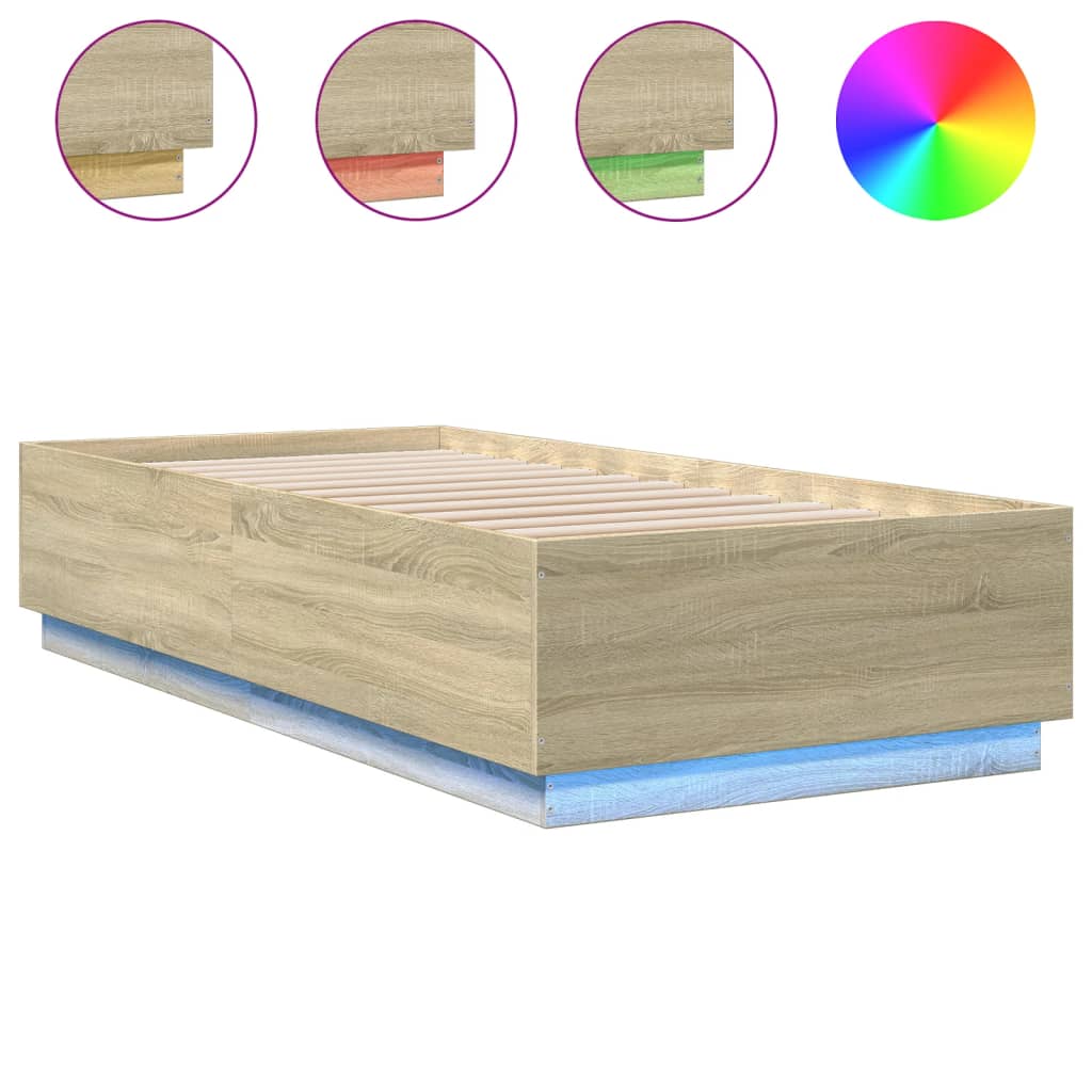 sonoma tölgyszínű szerelt fa ágykeret LED-del 100 x 200 cm