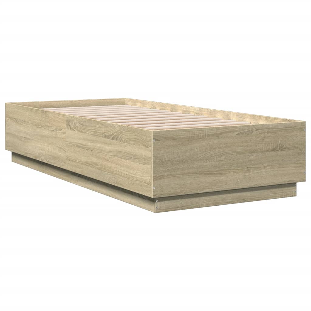 sonoma tölgyszínű szerelt fa ágykeret LED-del 100 x 200 cm