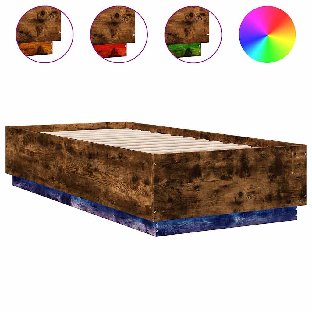 füstös tölgy színű szerelt fa ágykeret LED-del 100 x 200 cm