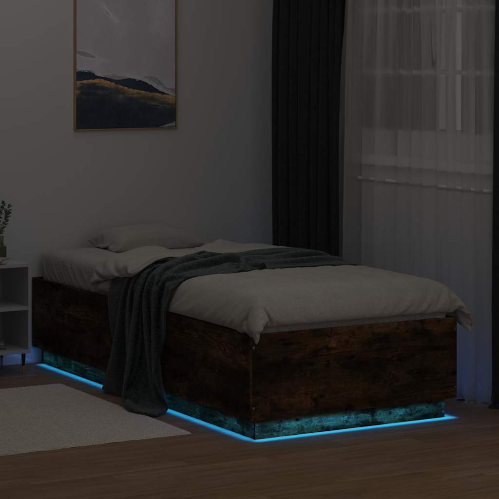 füstös tölgy színű szerelt fa ágykeret LED-del 100 x 200 cm
