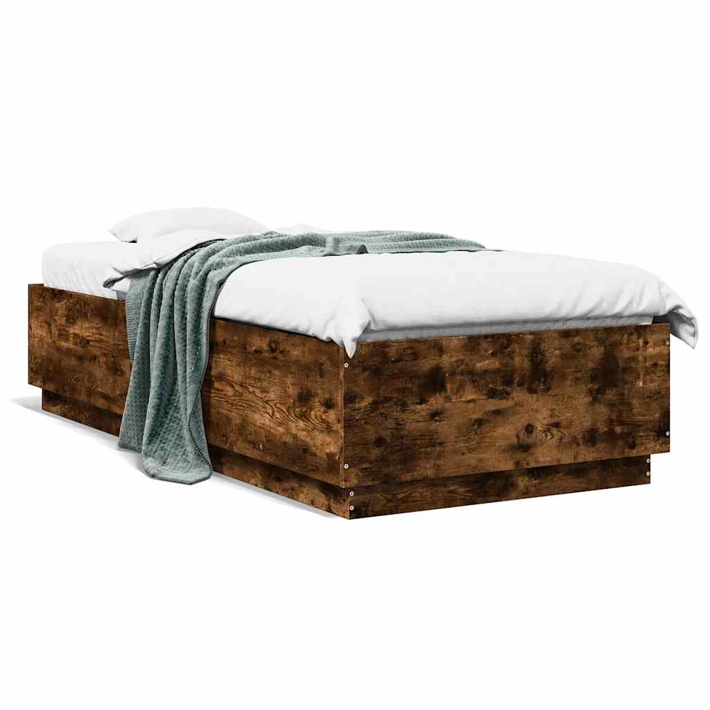 füstös tölgy színű szerelt fa ágykeret LED-del 100 x 200 cm