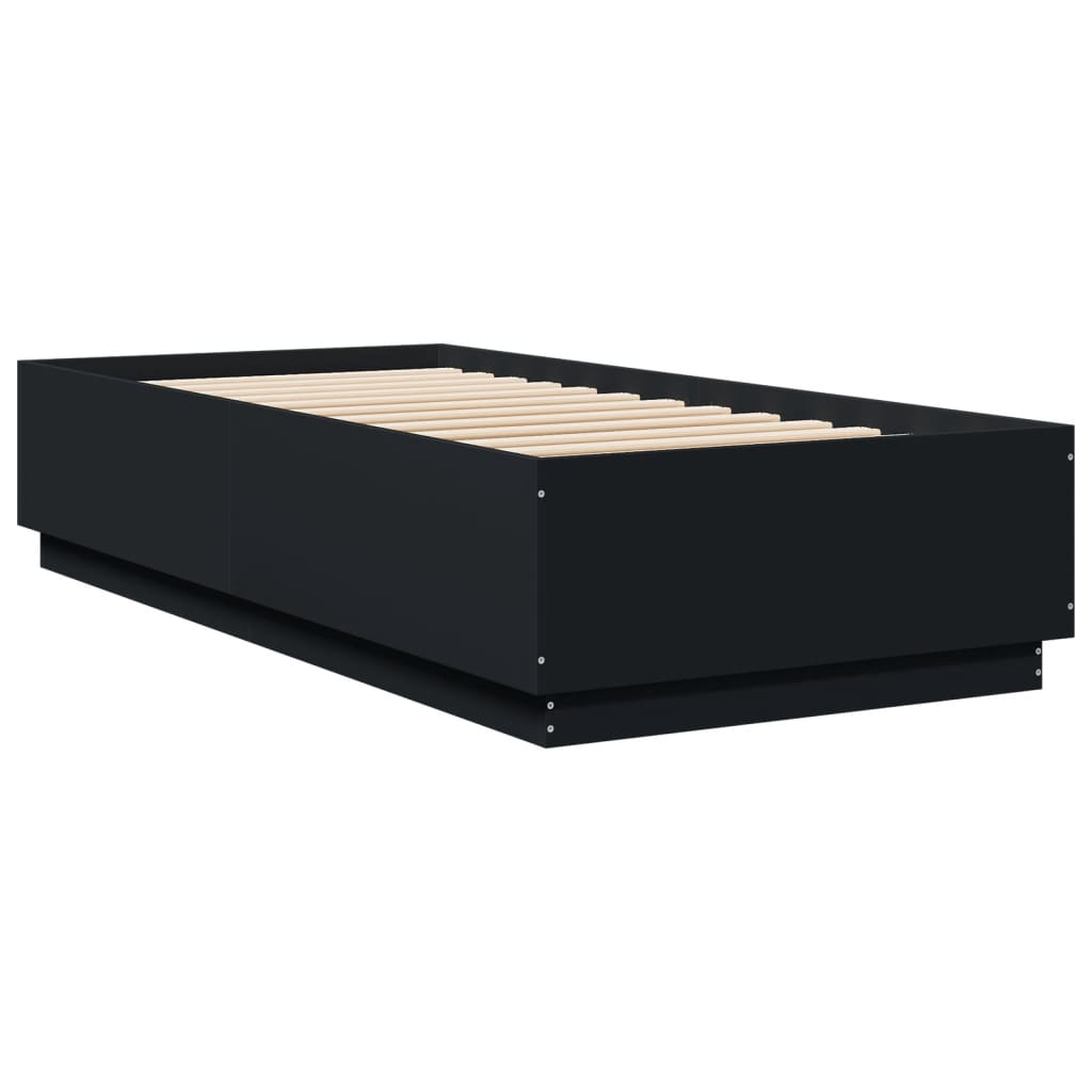 fekete szerelt fa ágykeret LED-világítással 90 x 200 cm