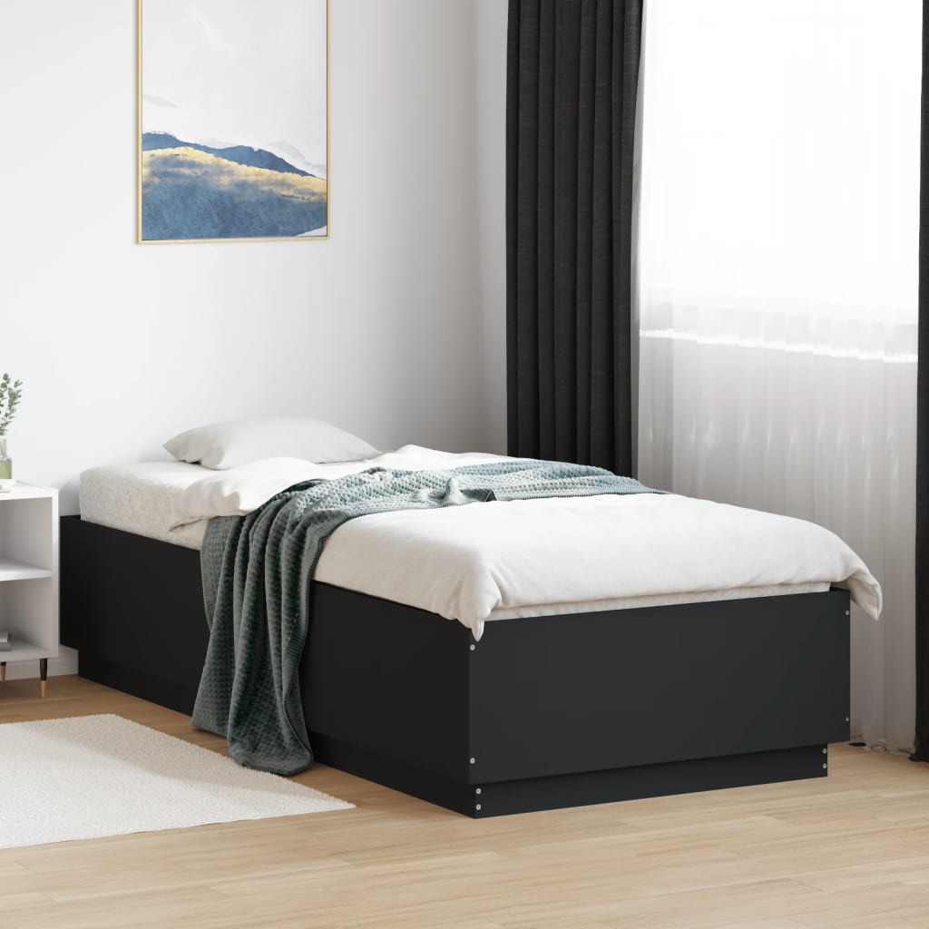 fekete szerelt fa ágykeret LED-világítással 90 x 200 cm