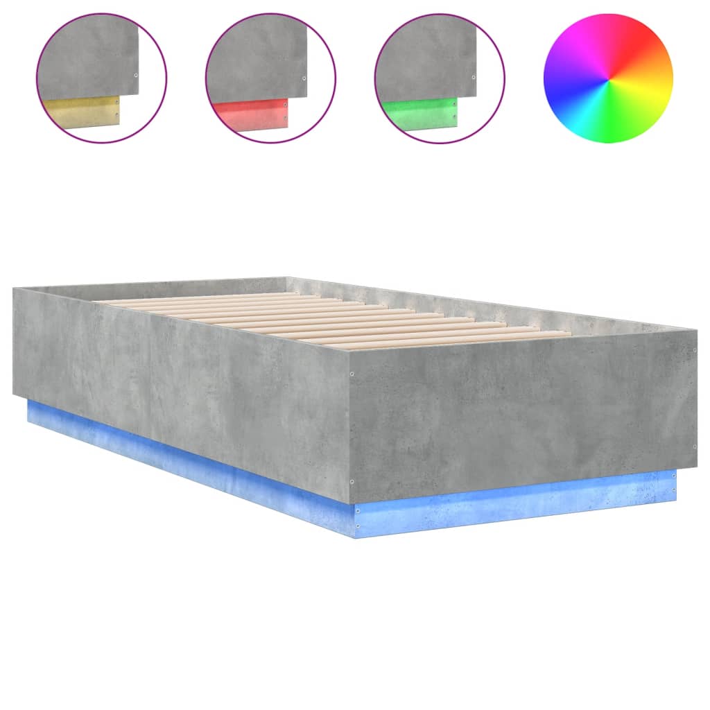 betonszürke szerelt fa ágykeret LED-del 90 x 200 cm