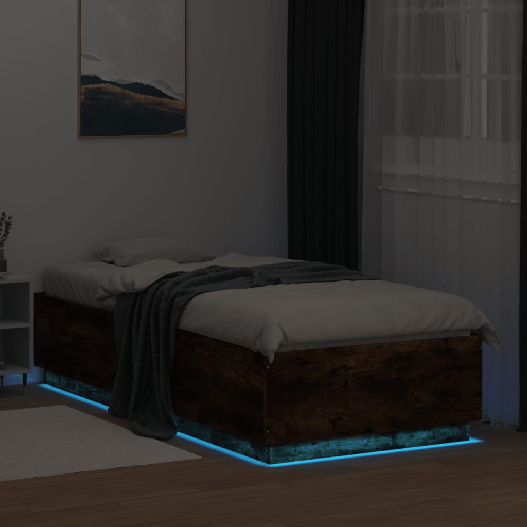 füstös tölgy színű szerelt fa ágykeret LED-del 90 x 200 cm