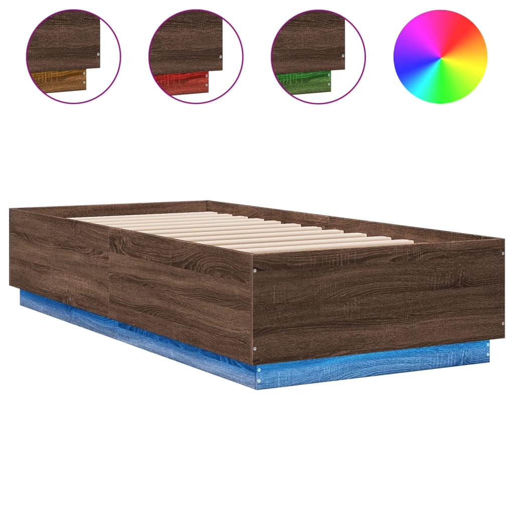 barna tölgyszínű szerelt fa ágykeret LED-del 90 x 200 cm