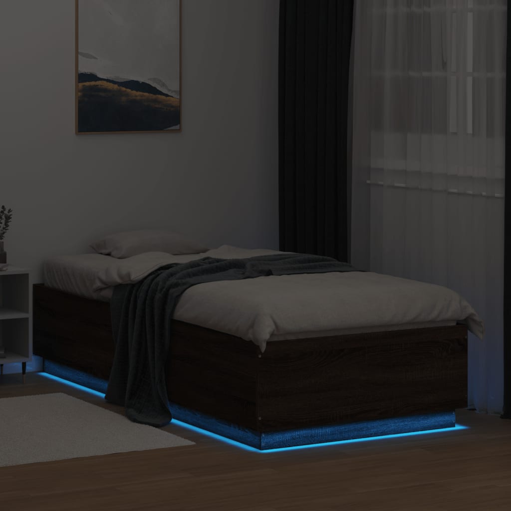 barna tölgyszínű szerelt fa ágykeret LED-del 90 x 200 cm