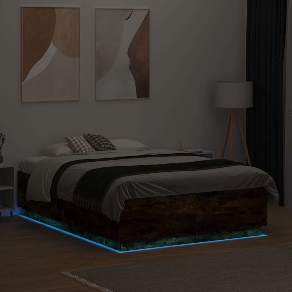 füstös tölgy színű szerelt fa ágykeret LED-del 135x190 cm