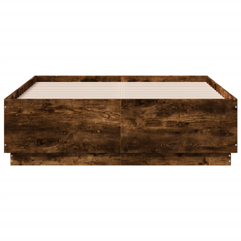 füstös tölgy színű szerelt fa ágykeret LED-del 135x190 cm