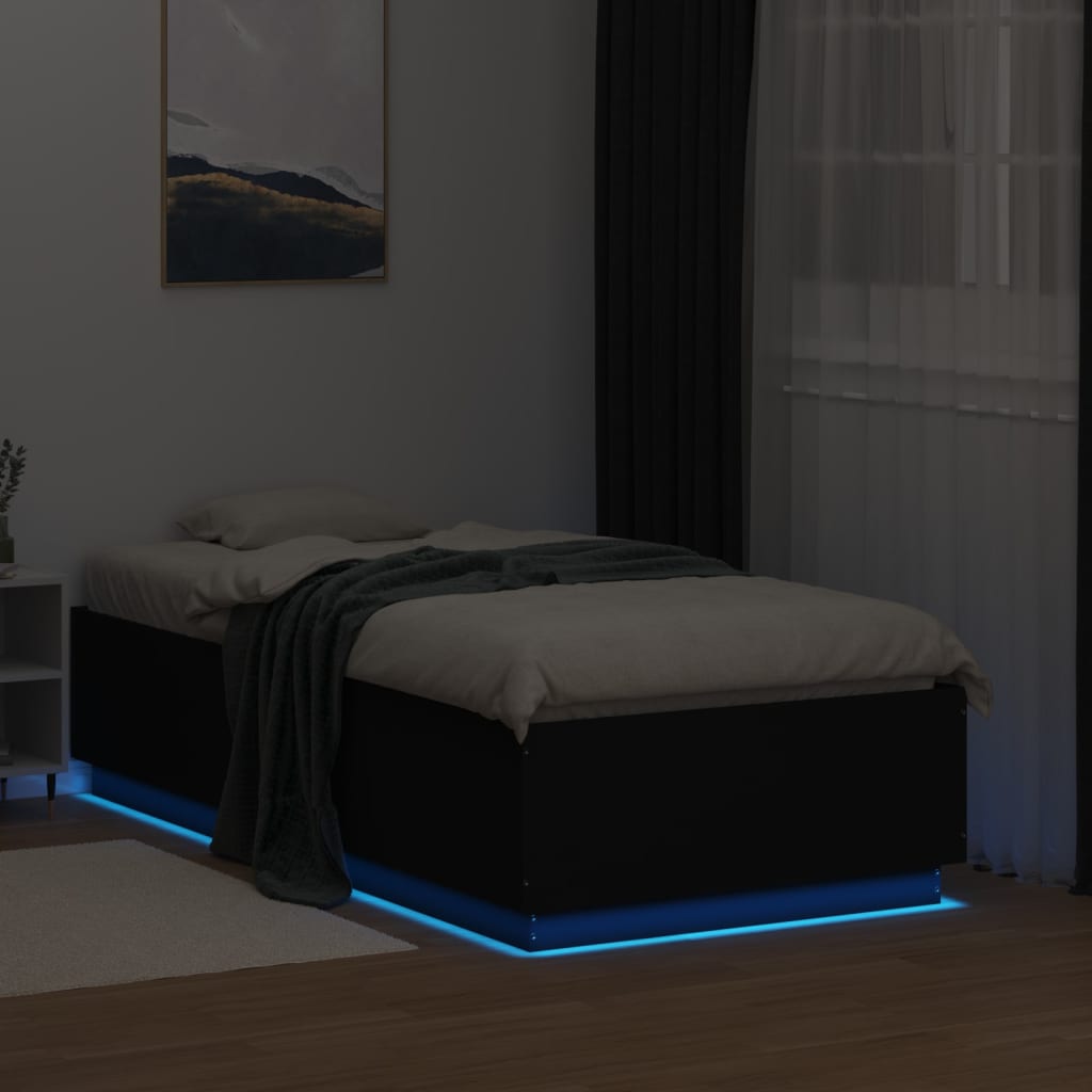 fekete szerelt fa ágykeret LED-világítással 90 x 190 cm