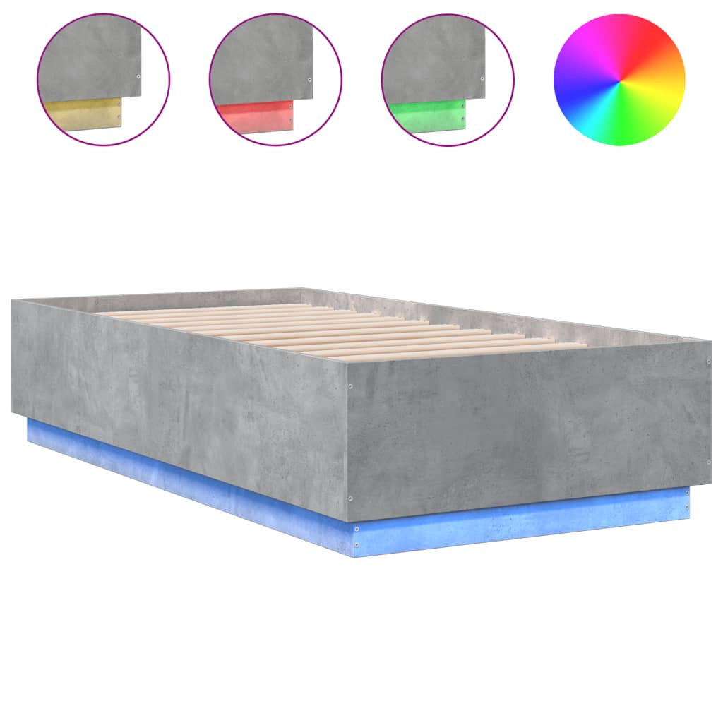 betonszürke szerelt fa ágykeret LED-del 90 x 190 cm