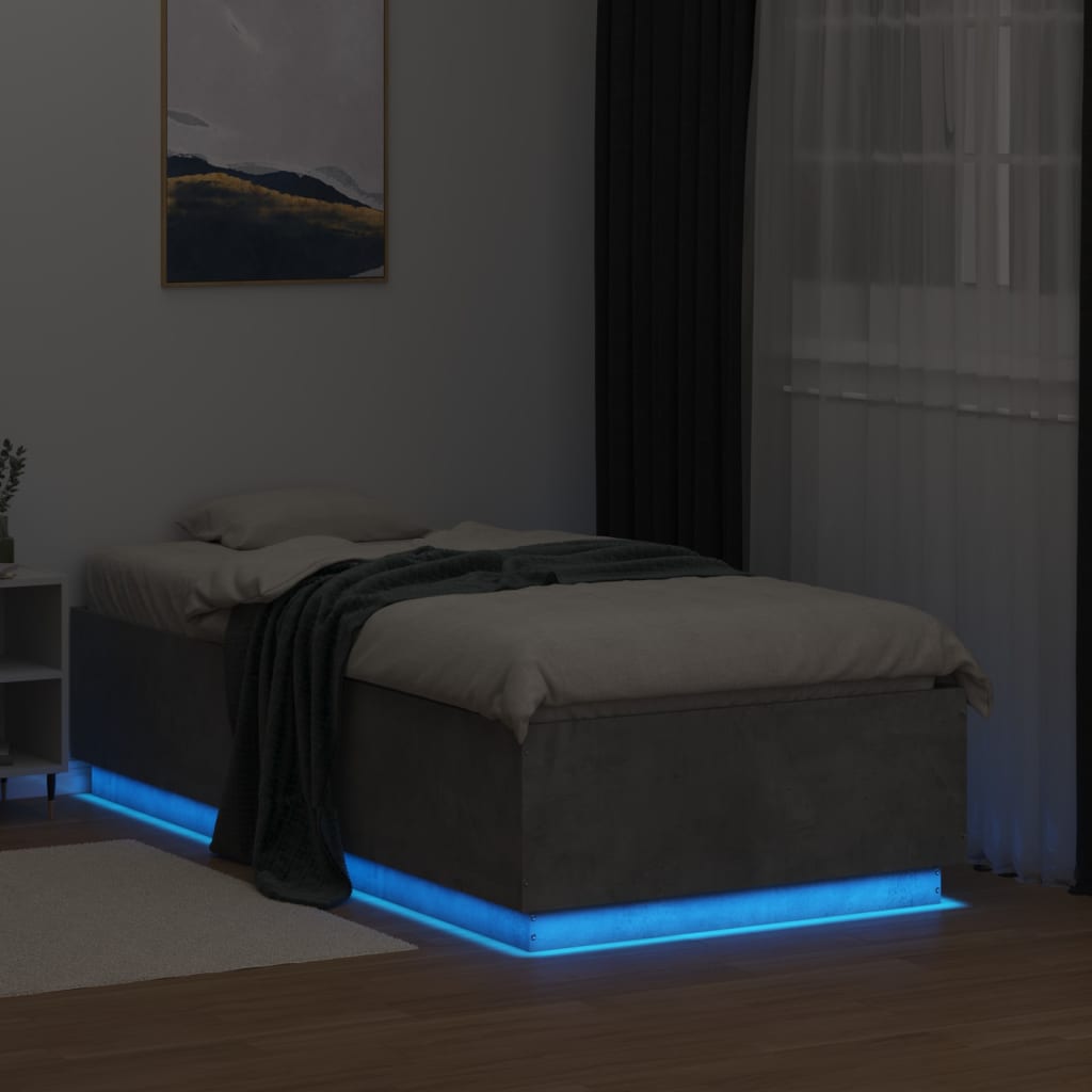 betonszürke szerelt fa ágykeret LED-del 90 x 190 cm