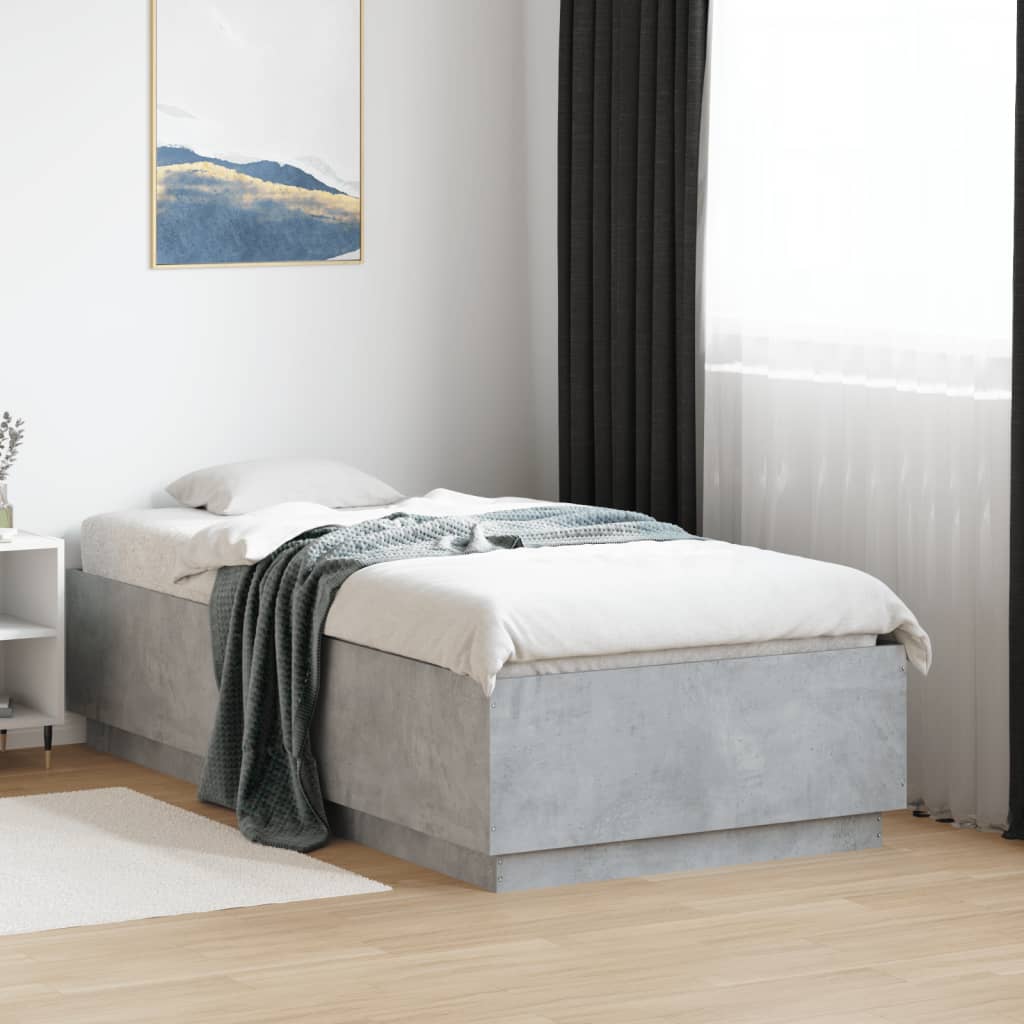 betonszürke szerelt fa ágykeret LED-del 90 x 190 cm