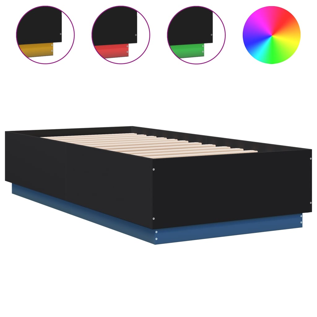 fekete szerelt fa ágykeret LED-del 75x190 cm