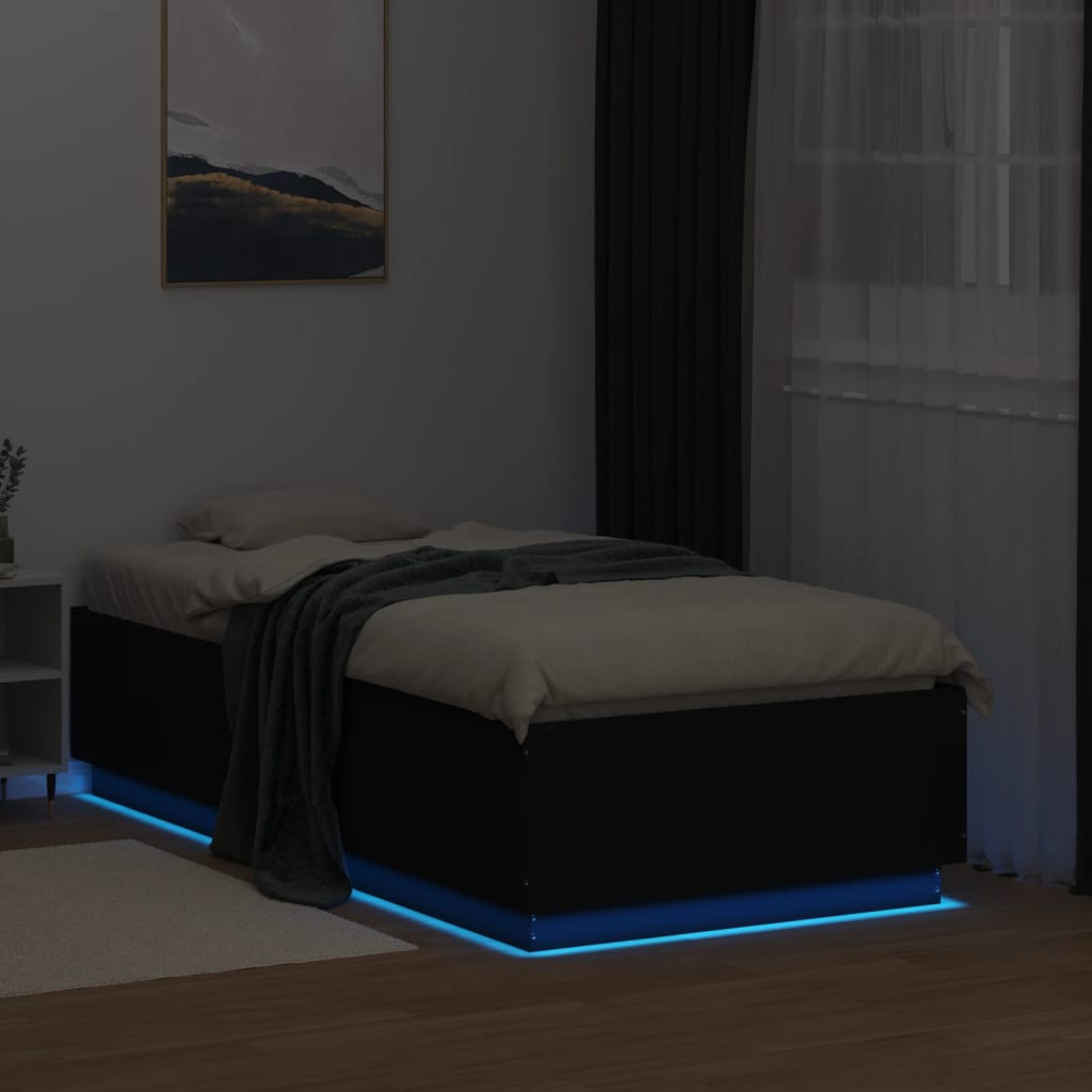 fekete szerelt fa ágykeret LED-del 75x190 cm